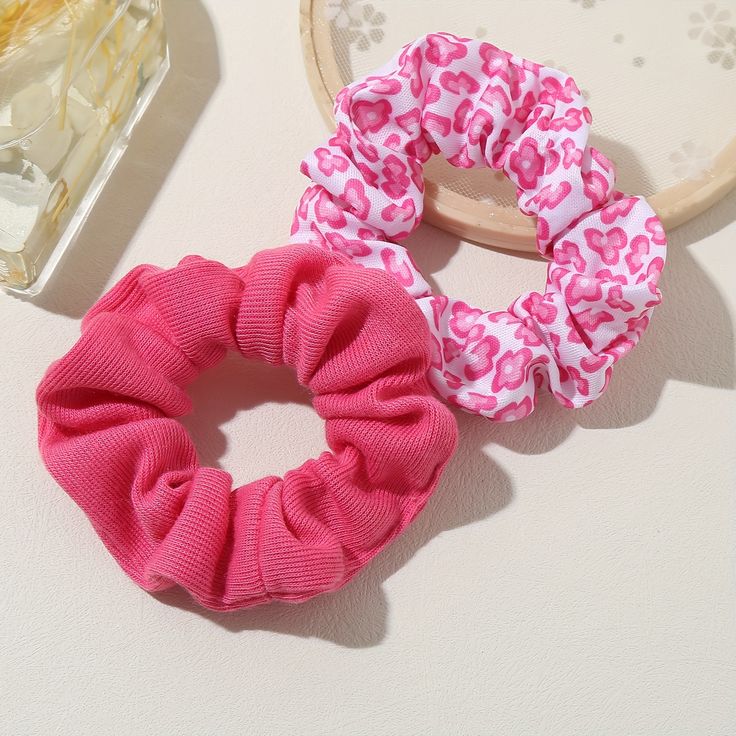 (4pcs )Set Of Pink Heart & Petal Print Scrunchies